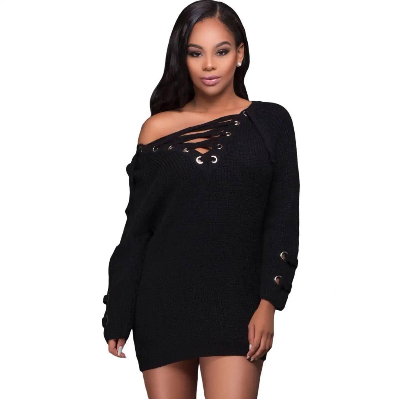 2021 Women Sweater woman Sweaters V Neck Mesh Lace Up-Black-4