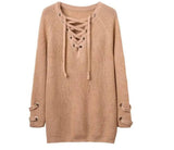 2021 Women Sweater woman Sweaters V Neck Mesh Lace Up-Khaki-5