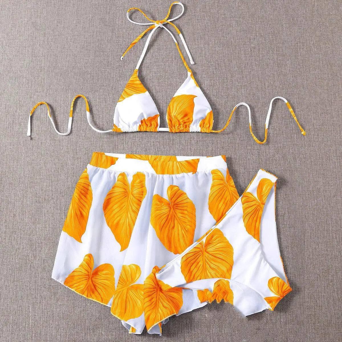 Adjustable Three-piece Bikini Straps Swimsuit Women-Orange-2