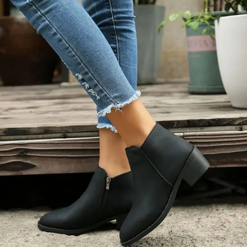 Ankle Boots Women Chunky Mid Heel Shoes Waterproof Side-2