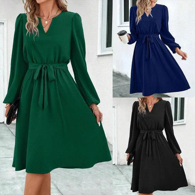 Autumn And Winter European And American Women's Clothing Long Sleeve Small V-neck Lace Up Dress-1