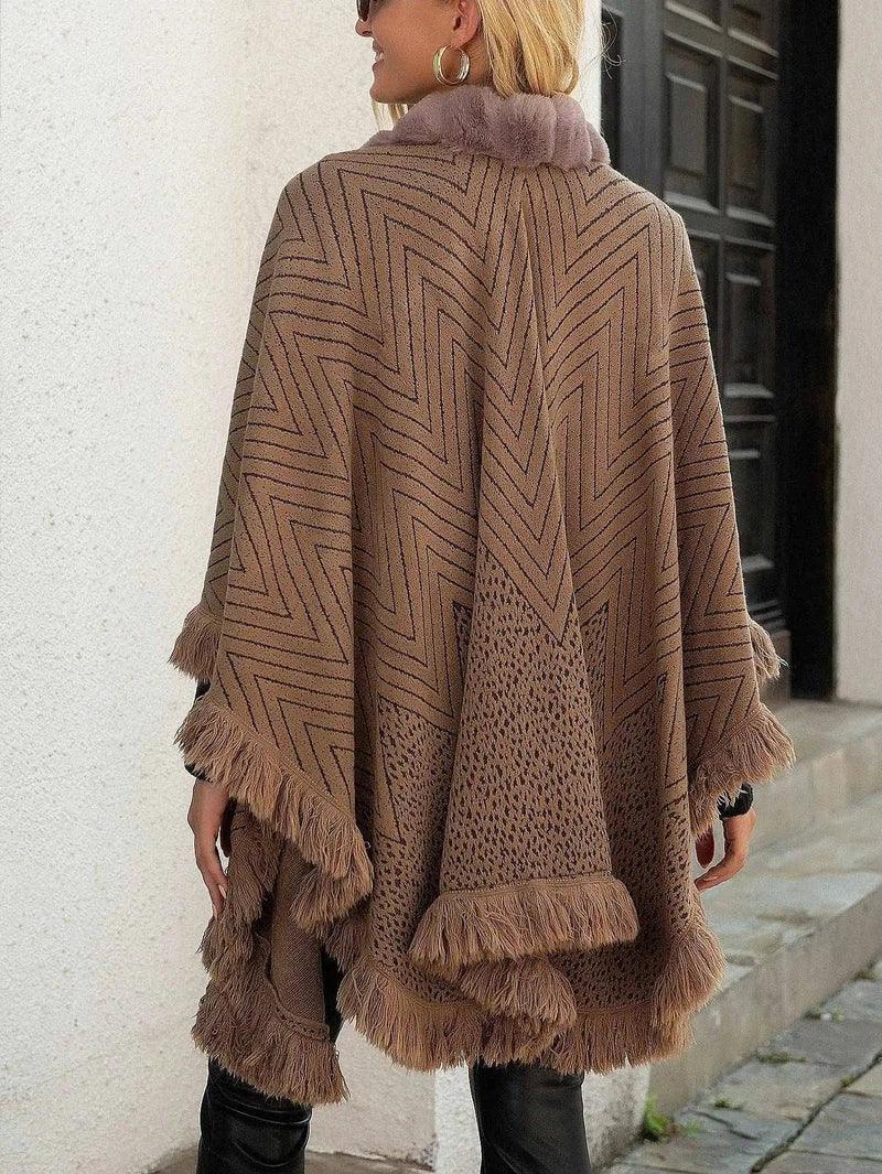 Autumn And Winter Luxury Wool Collar Tassel Shawl Sweater-Khaki-4