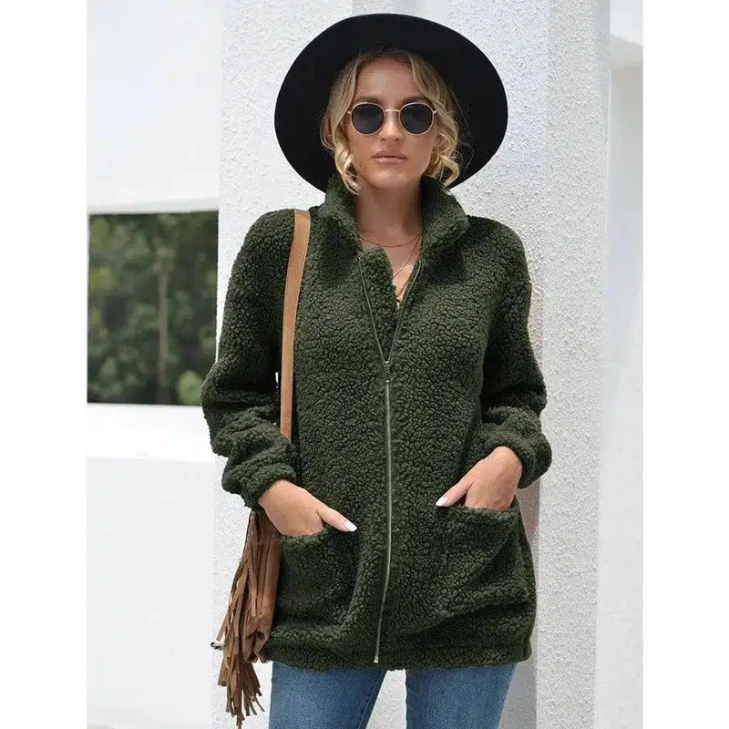 Autumn And Winter Zipper Warm Sweater Outer Wear Women-Armygreen-2