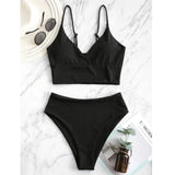 Bikini Swimsuit Ladies High Waist Pants BIKINI Solid Color-Black-1