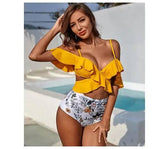 Bikini Women's Cross Swimsuit Off-shoulder Bikini Suit-Yellow-1