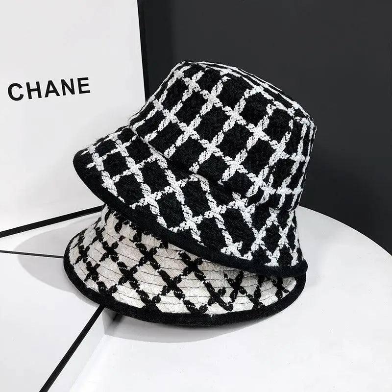 Black Plaid Knitted Fisherman Hat Female Retro Fashion-1