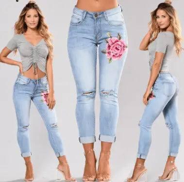 LOVEMI - Blue low waist pencil Ripped embroidery jeans woman Stretch