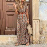 Boho V Neck Paisley Print Beach Long Dress with Belt - Embrace Summer in Style!-3