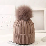 Boys And Girls Woolen Fox Fur Ball Knit Hat-Khaki-3