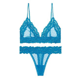 Bra-Set Brassiere Sex-Lingerie-Set Mesh Bralette Lace T-Back-Blue-4