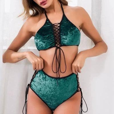 Bra Set Suede Bikini-Green-2