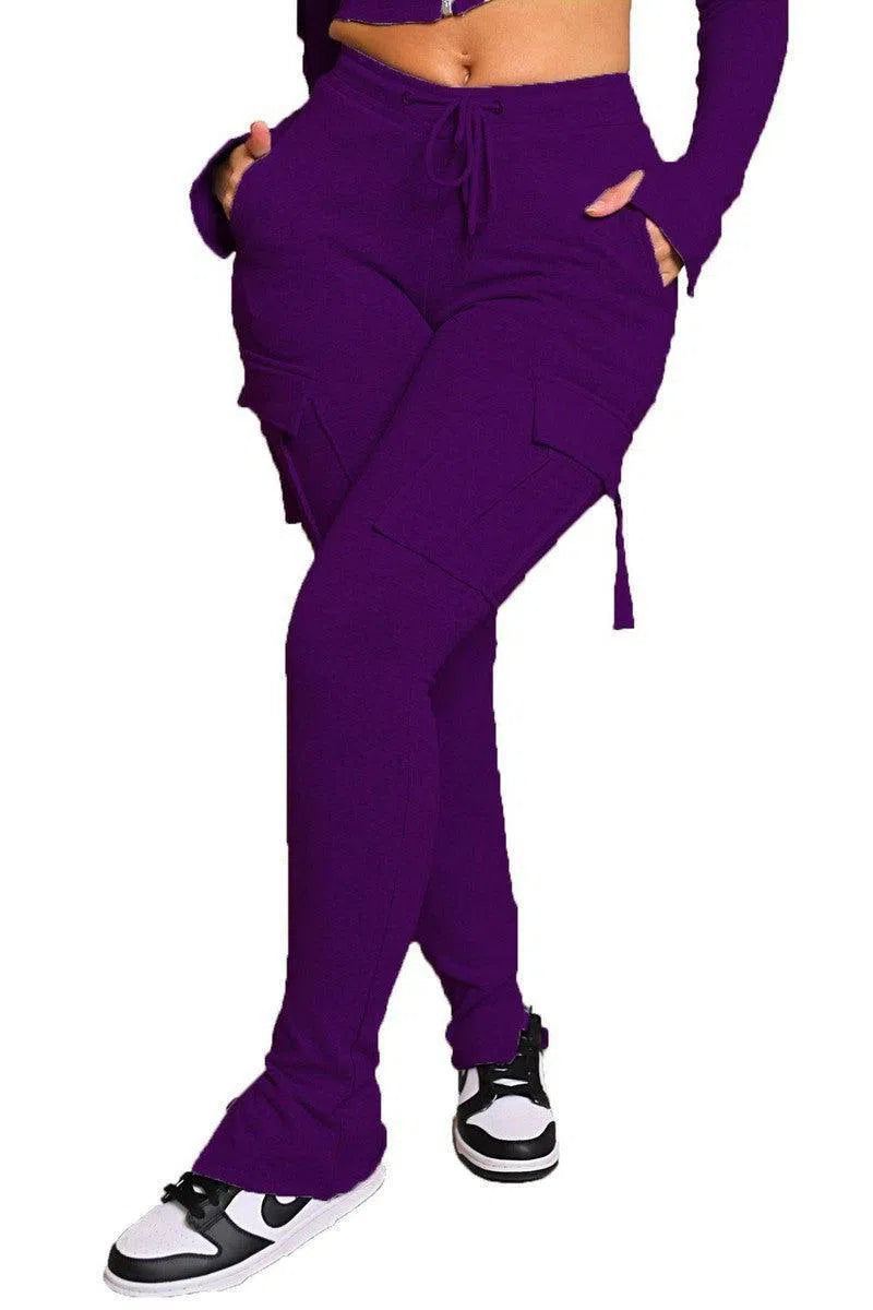 Cargo Pants With Pockets High Waist Drawstring Wide Leg Straight Trousers For Women Overalls-Purple-12