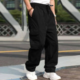 Casual Cargo Pants For Men Loose Straight Drawstring Waist Trousers With Pockets Dark Grey / 3XL-Black-5