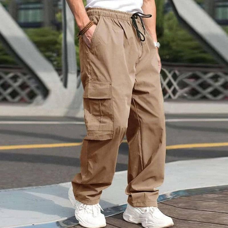 Casual Cargo Pants For Men Loose Straight Drawstring Waist Trousers With Pockets Dark Grey / 3XL-Khaki-7