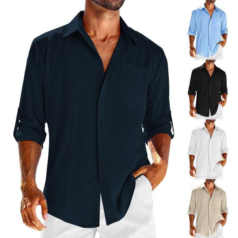 Casual Long Sleeve Shirt With Pocket Lace Polo Collar Solid Color Button Mens Clothing Set / 3XL-1