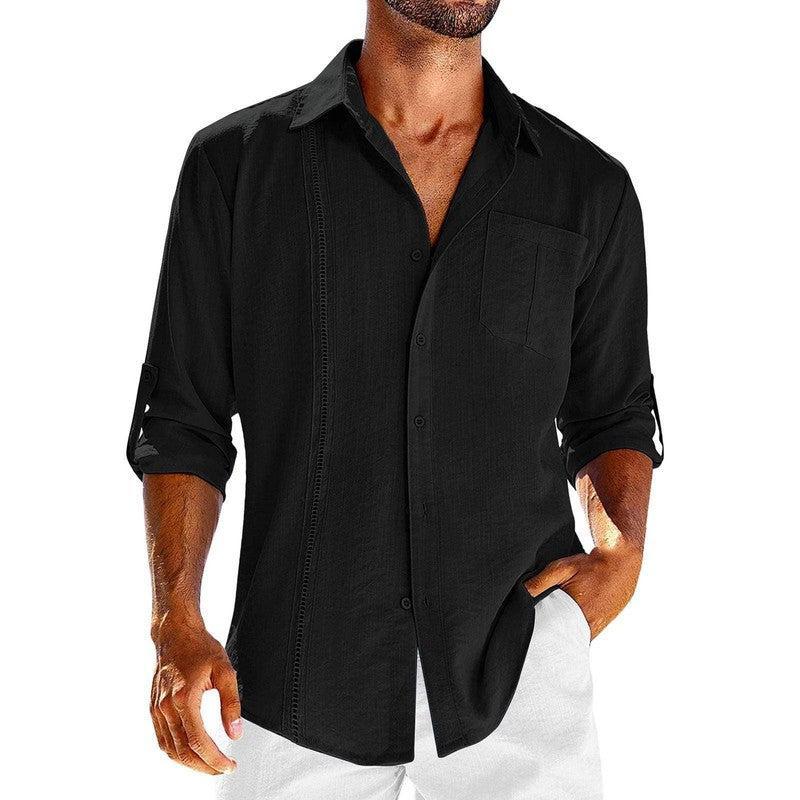 Casual Long Sleeve Shirt With Pocket Lace Polo Collar Solid Color Button Mens Clothing Set / 3XL-Black-7