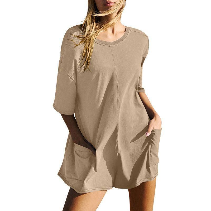 Casual Loose Short-sleeved Jumpsuit With Pockets New Crew-Khaki-8