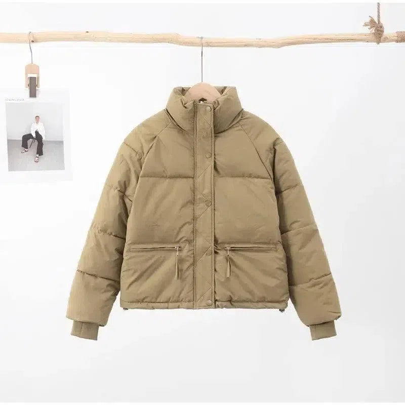 Casual Short Winter Jacket Women Stand Collar Zipper High-Khaki-7