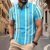 Casual Striped Printed Short Sleeve Shirt Summer Lapel-Sky Blue-3