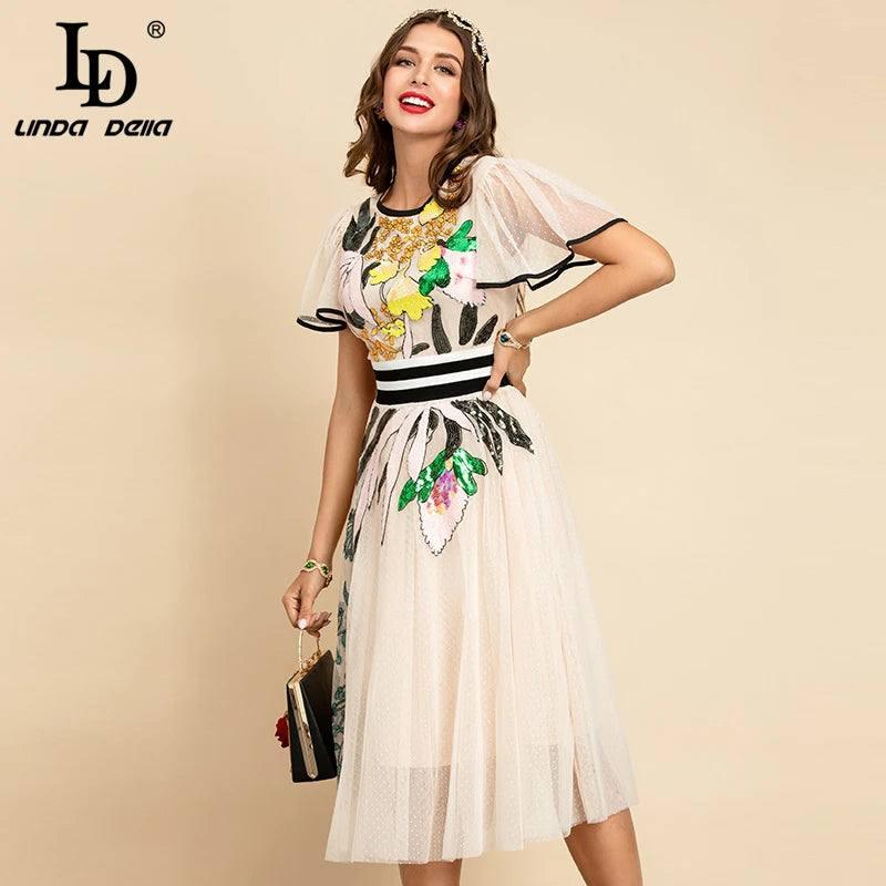 LD LINDA DELLA New 2021 Women Summer Fashion Runway Midi Dress Butterfly Sleeve Sequined Embroidery Ladies Slim A-Line Dresses-2