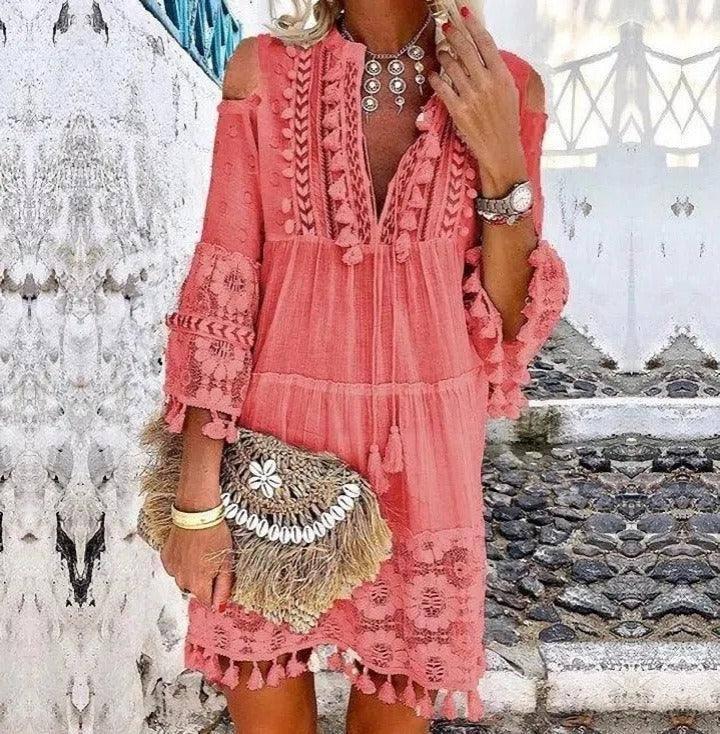 Chic Fringe Long Sleeve Dres-Pink-2