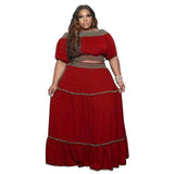 3xl 4xl Womans Plus Size Sets Dew Shoulder Short Sleeves Crop Top Two Piece Set Elegant Maxi Skirts Wholesale Dropshipping-Red-10