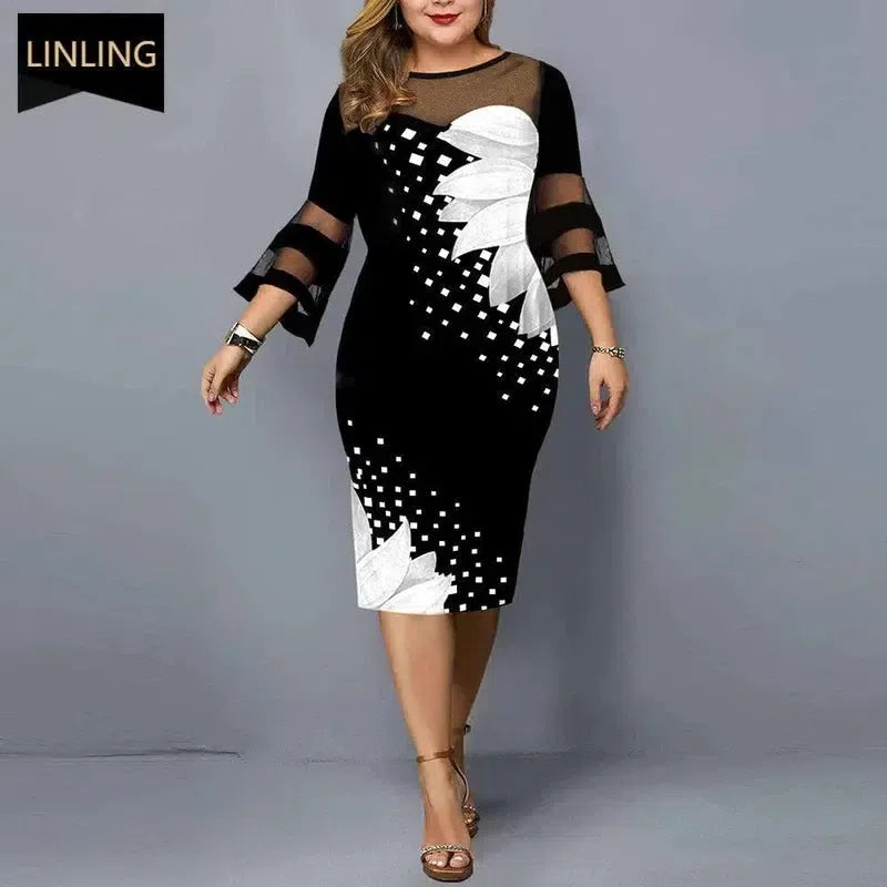 Dress Women Evening Party 2021 Midi Elegant Lace Print Floral Casual Black Vintage Knitted Clothing 4xl 5xl 6xl Plus Size-1