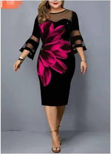 Dress Women Evening Party 2021 Midi Elegant Lace Print Floral Casual Black Vintage Knitted Clothing 4xl 5xl 6xl Plus Size-Fuchsia-11