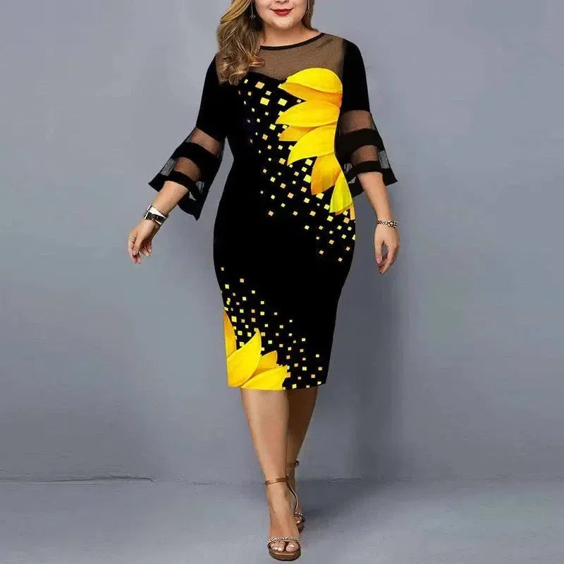 Dress Women Evening Party 2021 Midi Elegant Lace Print Floral Casual Black Vintage Knitted Clothing 4xl 5xl 6xl Plus Size-Yellow-7