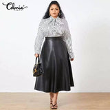 Chic Plus-Size Polka Dot Blouse and Leather Skirt-1