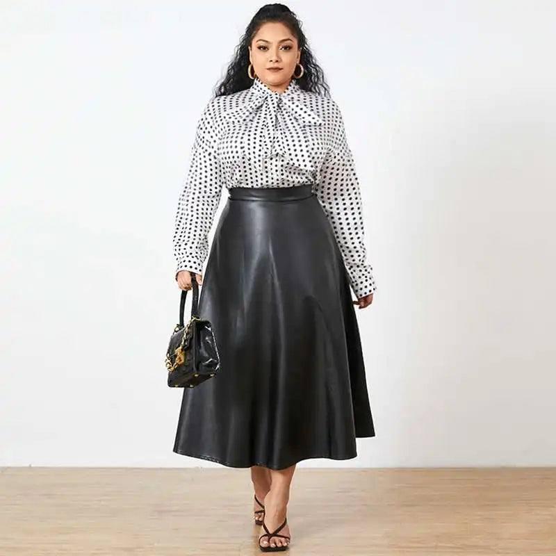 Plus Size Party Midi Skirt 2023 Autumn Women Solid Winter PU Leather Skirts Celmia Office Retro Long Skirts High Waist OL Skirt-Black-7