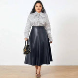 Plus Size Party Midi Skirt 2023 Autumn Women Solid Winter PU Leather Skirts Celmia Office Retro Long Skirts High Waist OL Skirt-Navy-8