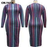 CM.YAYA Women Plus Size Dress Print Full Sleeve O-neck Zipper Stretchy Skinny Pencil Dresses Vintage Vestidos Autumn Outfit 2021-6