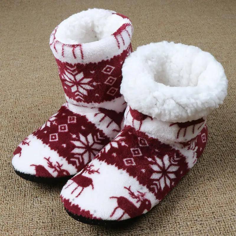 Christmas Elk Floor Shoes Indoor Socks Shoes Warm Plush-Dark red-11