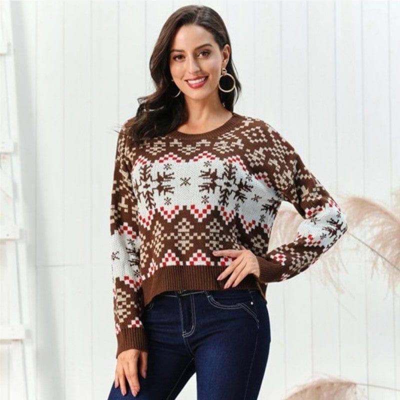 Christmas Pullover Round Neck Snowflake Sweaters Women's-Coffee-1