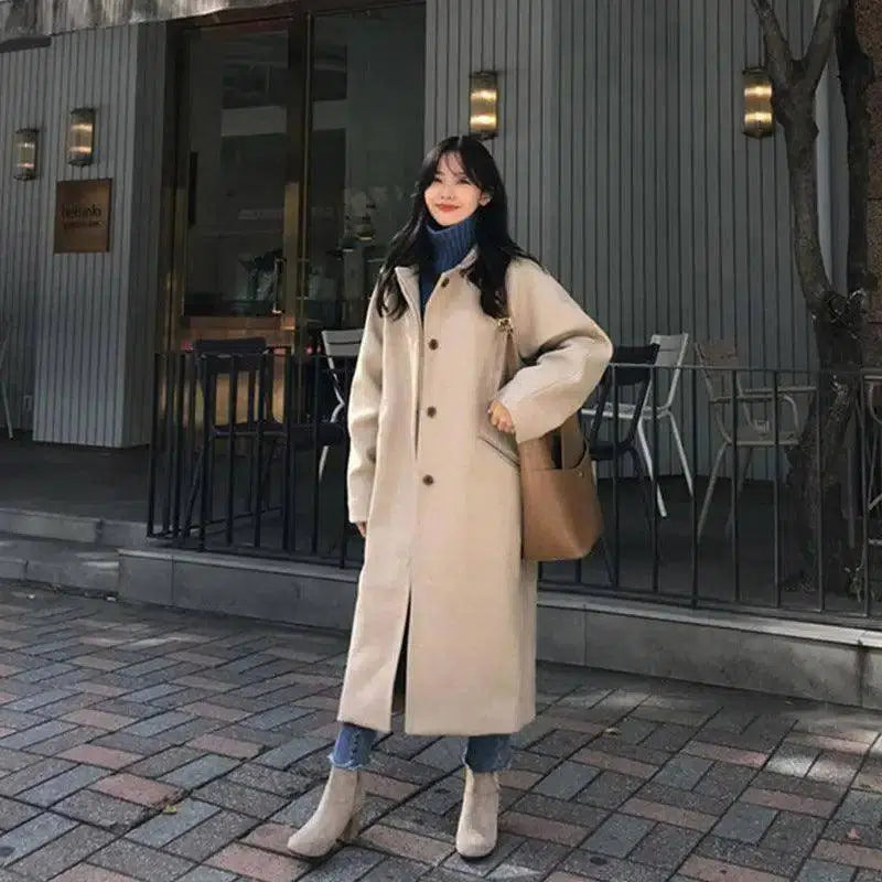 College Style Long Woolen Coat Women-Beige-1