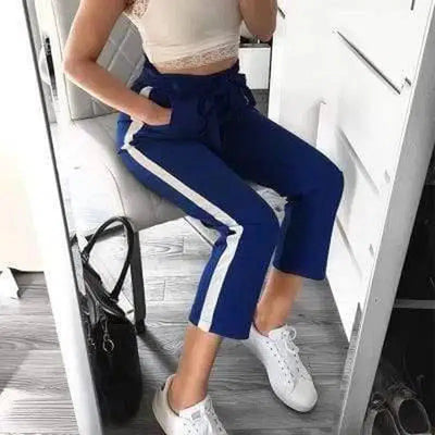 Color matching casual pocket bow pants-Blue-2