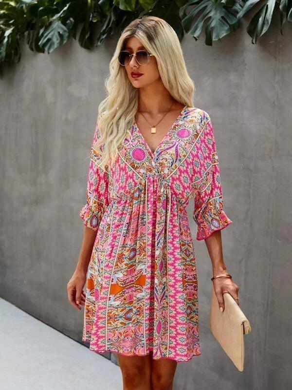 Cross-border V-neck Waist Trimming Printing Dress-Pink-7