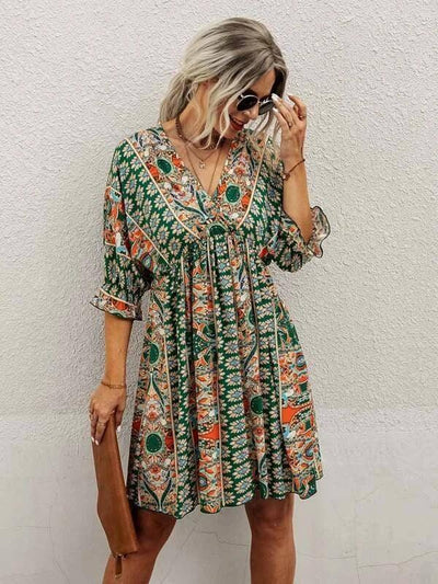 Cross-border V-neck Waist Trimming Printing Dress-Green-8