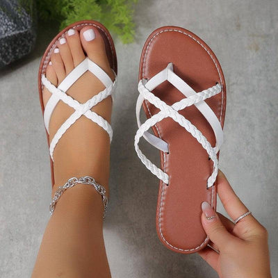 Cross-woven Design Thong Sandals Summer Flat Shoes Women-White-6