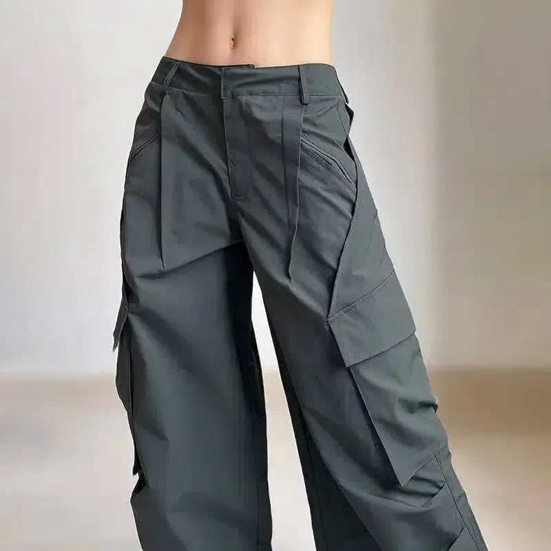 Crumpled Design Irregular Pockets Loose Wide Leg Trousers-4