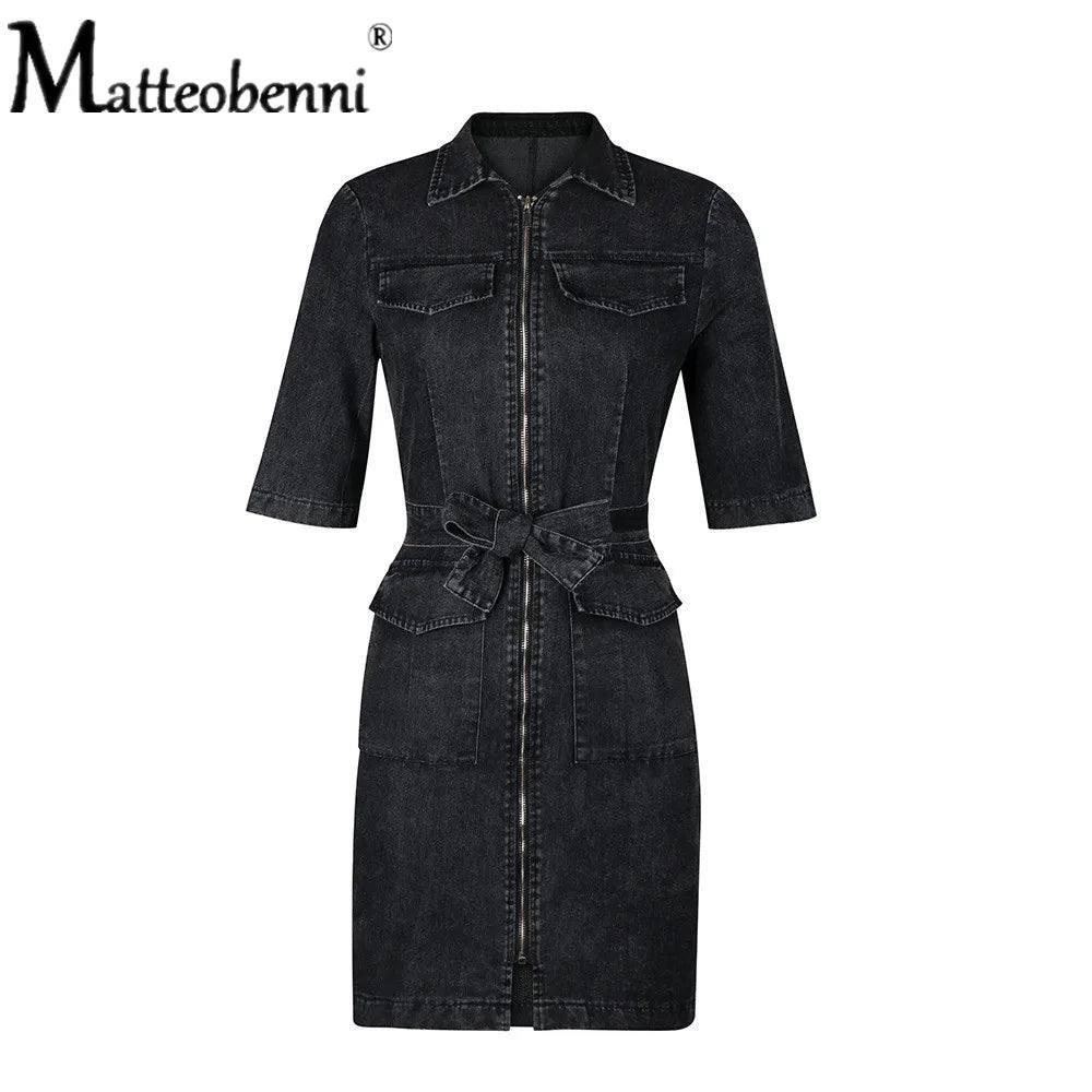 Denim Dress Zipper Casual V Nec-6