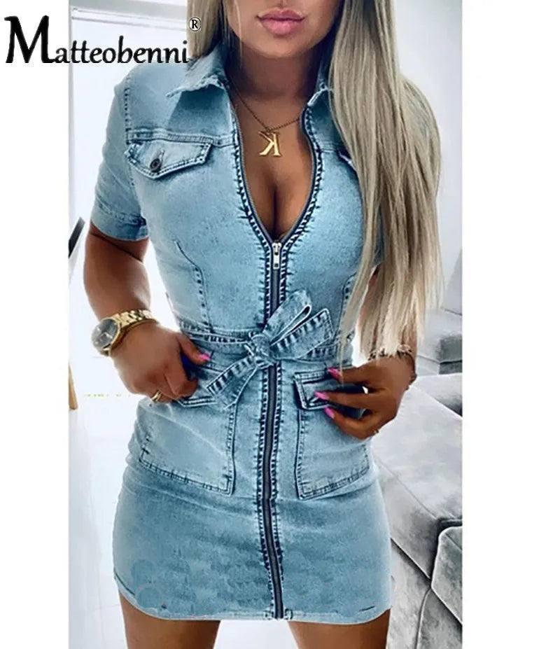 Denim Dress Zipper Casual V Nec-Light blue-9