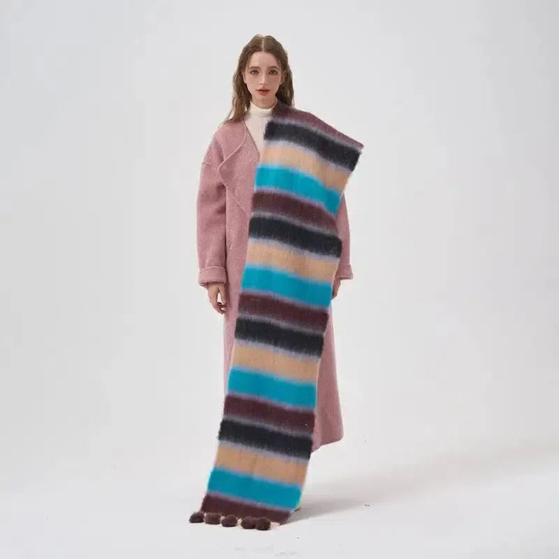 Dopamine Color Striped Shawl Winter-Blue Brown Stripes-5