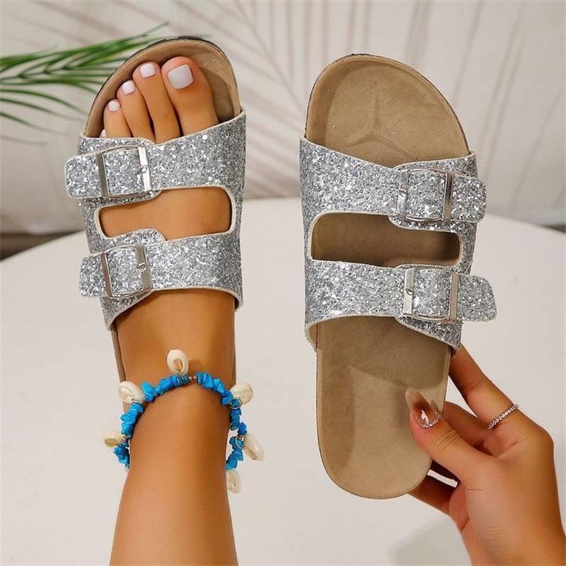 Double Buckle Sandals For Women New Fashion Sequined Beach-Silver-7