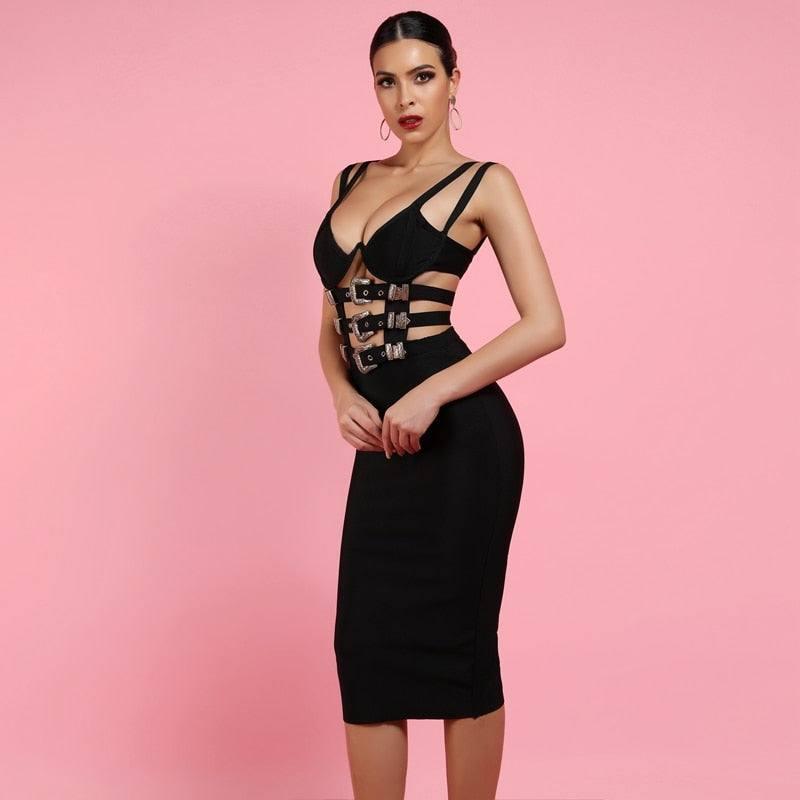 Elegant Black V Neck Bandage Bodycon Dress-3