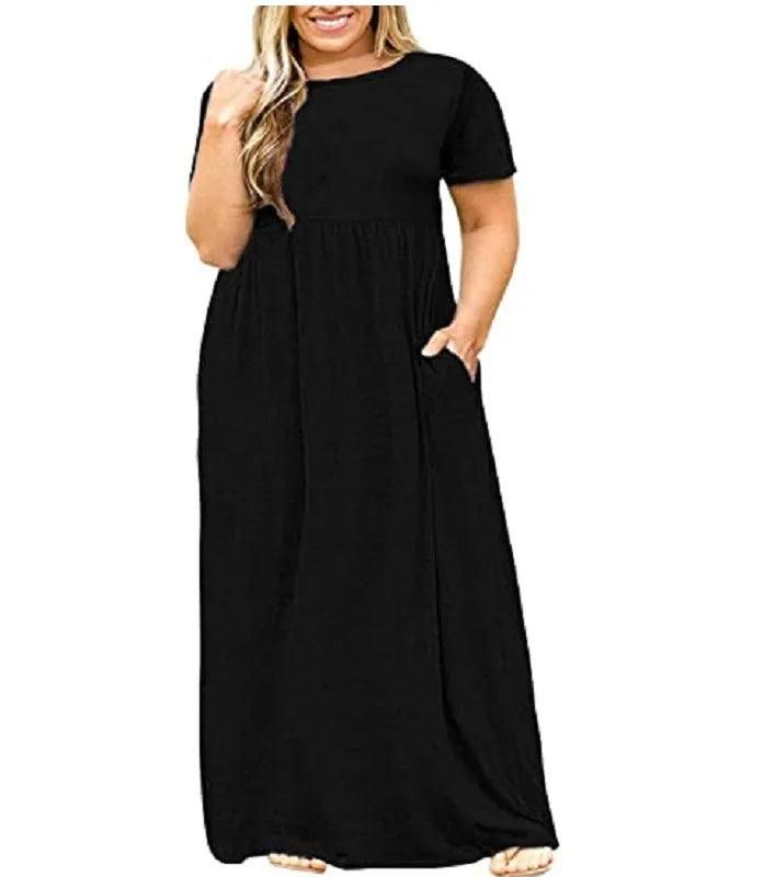 Big size Dress Women Summer Large Size Short Sleeve Print Wear-Resistant Long Dress Plus Size Fat MM Women Clothing Maxi Dress-solid black-9