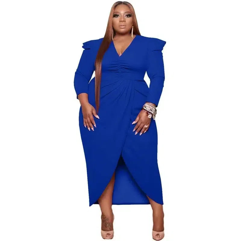 Women's Clothing New Style Long Sleeve V Neck Urban Plus Size Evening Dress 5xl Solid Color Elegant Party Dresses Wholesale-Blue-8