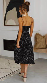 Elegant Polka Dot Slit Dress with Suspender Design-3