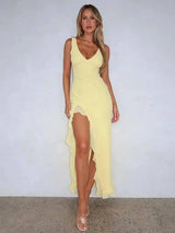 Elegant Sleeveless Ruffle Maxi Dress - Sexy Deep V Neck-L-3